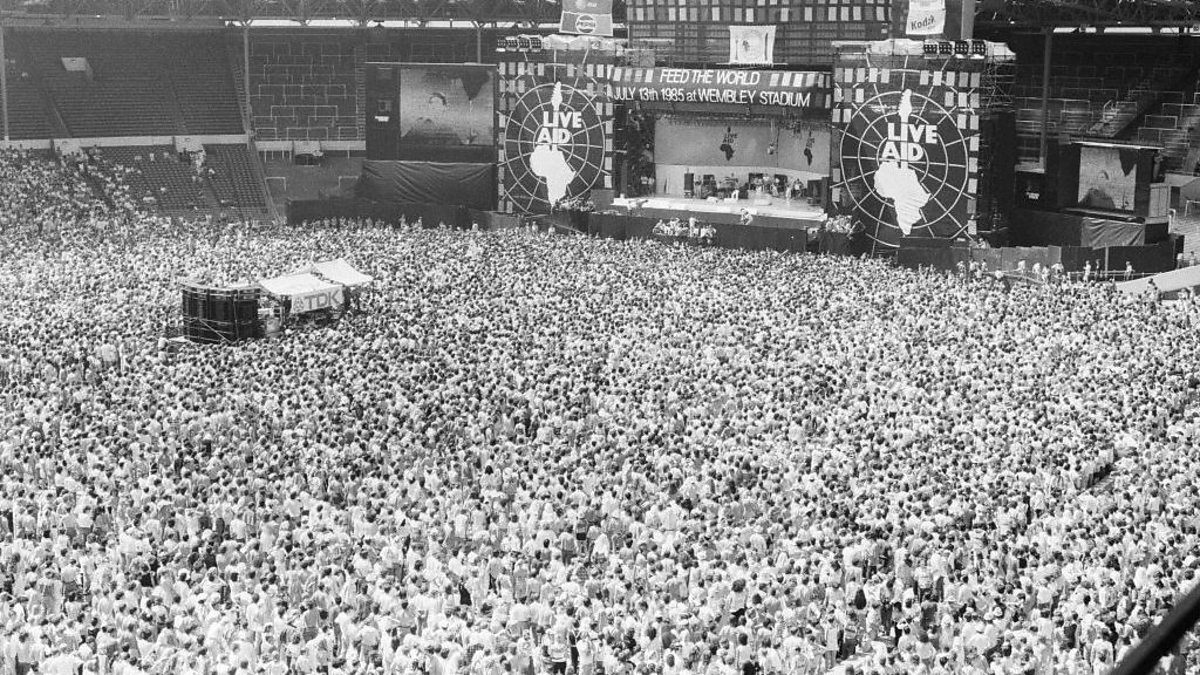 Stage view of the legendary Live Aid concert at Wembley in 1985